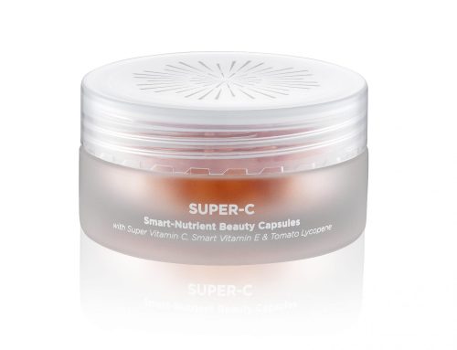 OSKIA – Super-C Beauty Capsules – frosted glass jar with silk screen printing plus PP lid with silk screen printing on top