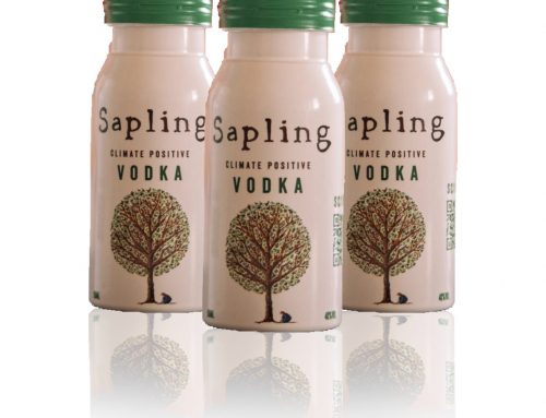Sapling Spirits Vodka – 100% PCR aluminium bottle with white base coat, offset printing and matt lacquer