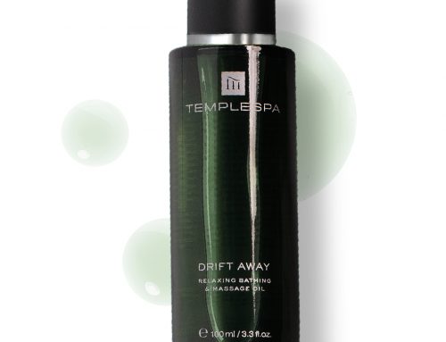 Temple Spa – Drift Away Relaxing Bathing & Massage Oil 100ml Skin sprayed translucent colour matched glass bottle plus silk screen printing
