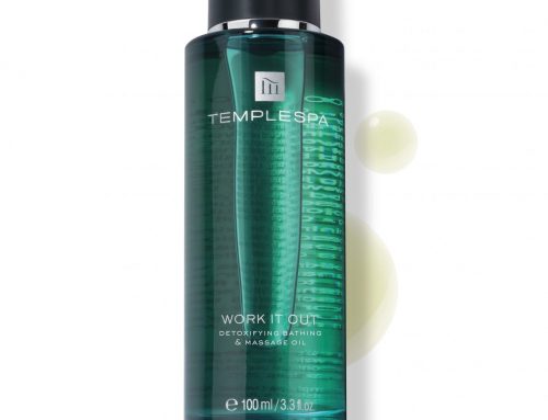 Temple Spa – Work It Out Detoxifying Bathing & Massage Oil 100ml Skin sprayed translucent colour matched glass bottle plus silk screen printing